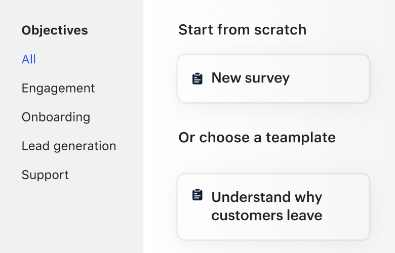 Panel for creating surveys with options to start from scratch or from template